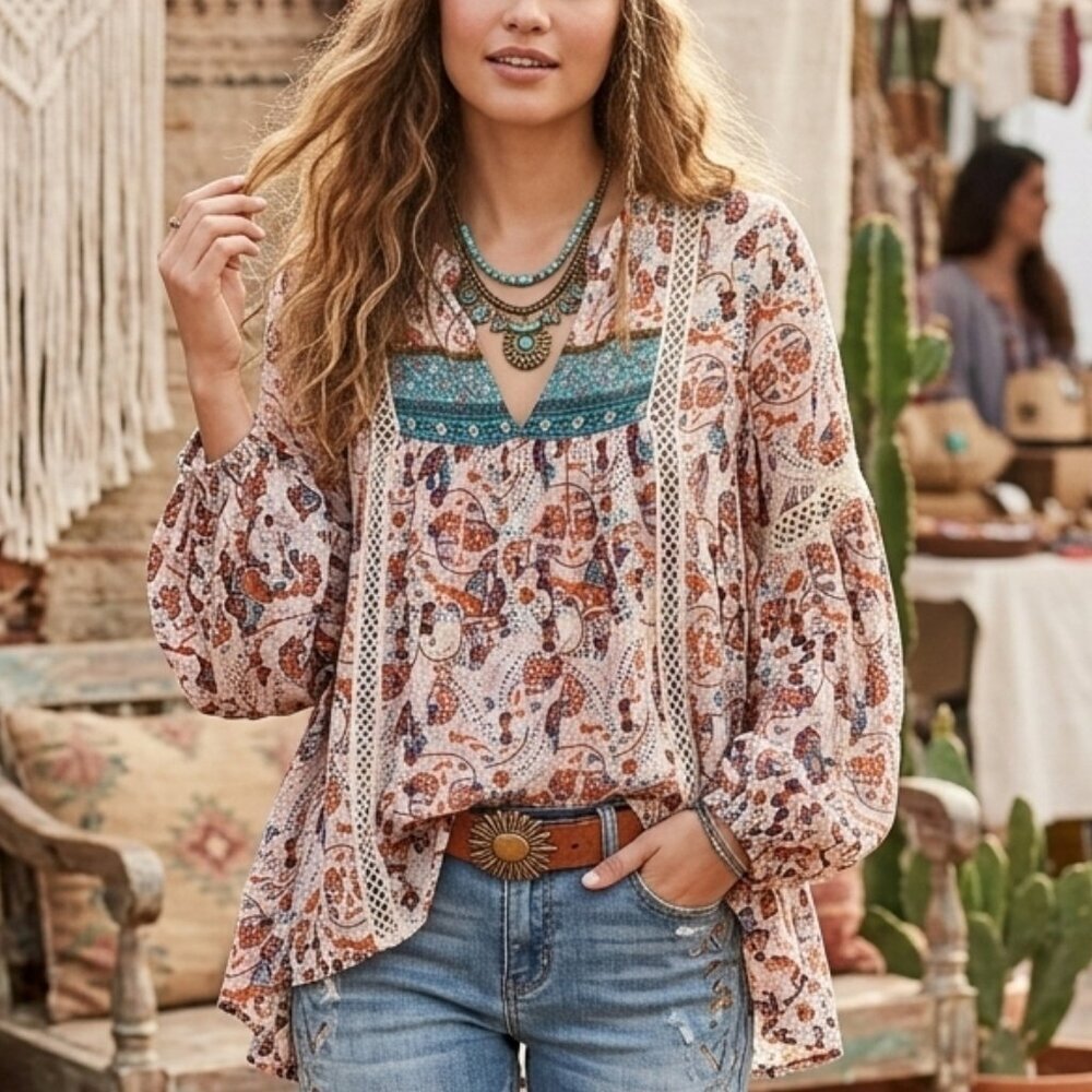 Sundance Jessamyn Peasant Top Size XS Coral Lace Inset CottageCore Boho